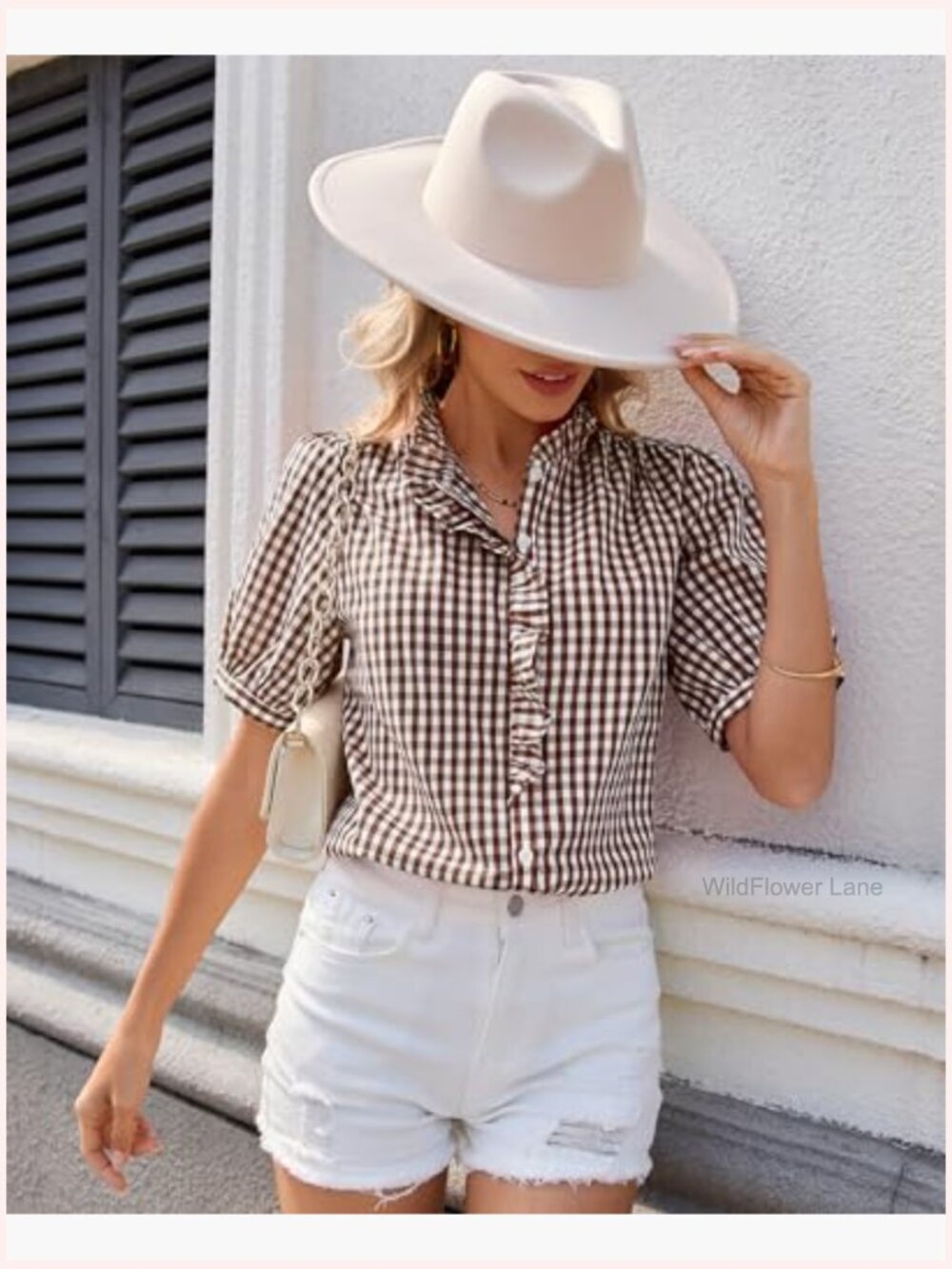 Women's Plaid Short Sleeve Button Down Ruffle V-Neck Blouse - Picture 4 of 6